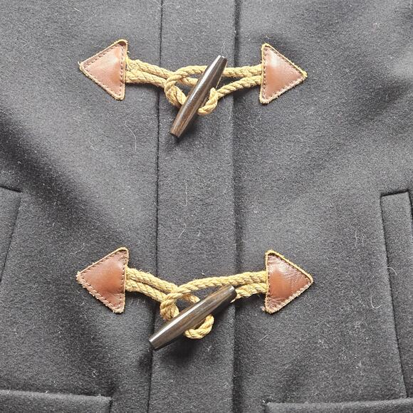 J Crew Coat Size 00 Black Wool Blend Removable Hood Lined Rope & Wood Buttons - Picture 6 of 8